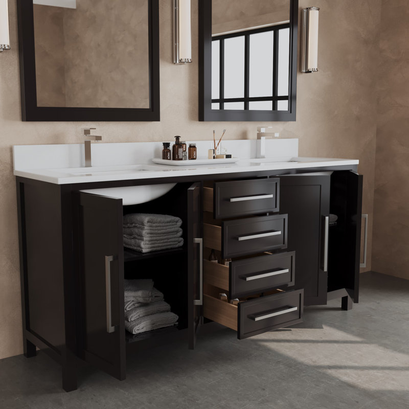 Ensemble de meuble-lavabo double autoportant 72 po avec plateau en quartz Fouraker, Espresso