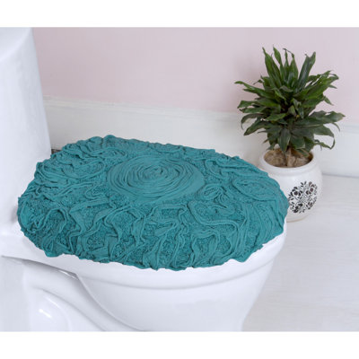 100% Cotton Plush Floral Toilet Seat Lid Cover with Elastic Fit, Soft Decorative Bathroom Accent, 18" x 18"