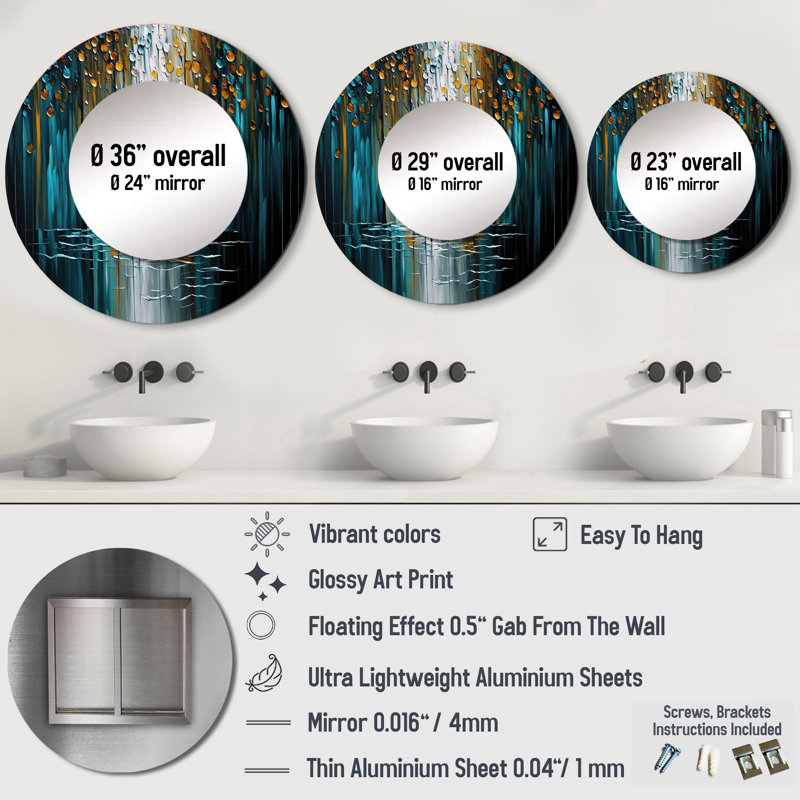 Oleeta Abstract Nature Trees Painting I - Abstract Unique Wall Mirror, Modern Round Mirror, Printed Metal Art, 29" x 29"