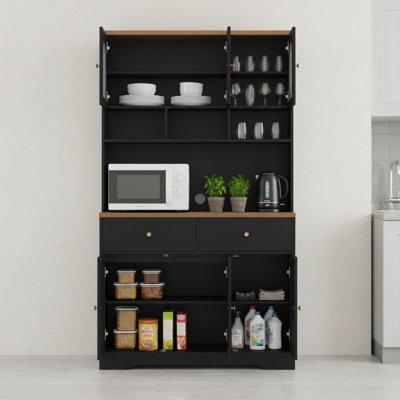 Black Modern Freestanding Kitchen Storage Unit With Adjustable Shelves And Microwave Rack. (Also Includes A Coffee Table Cabinet For The Dining Room.)