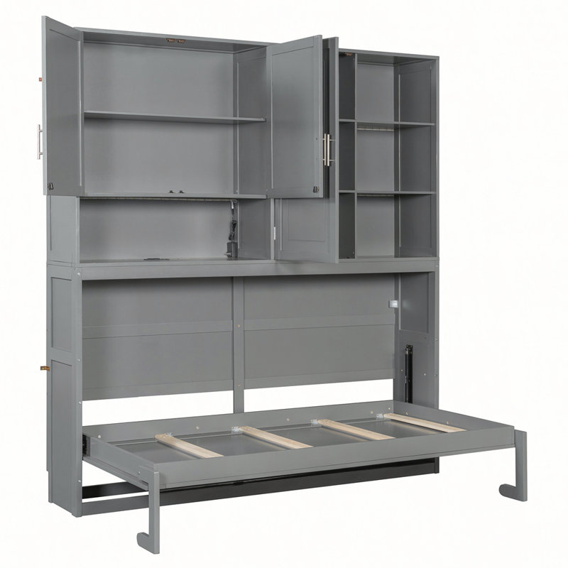 Lit escamotable mural simple avec armoire supérieure, tablettes, lit pliable peu encombrant avec lumière et USB, gris