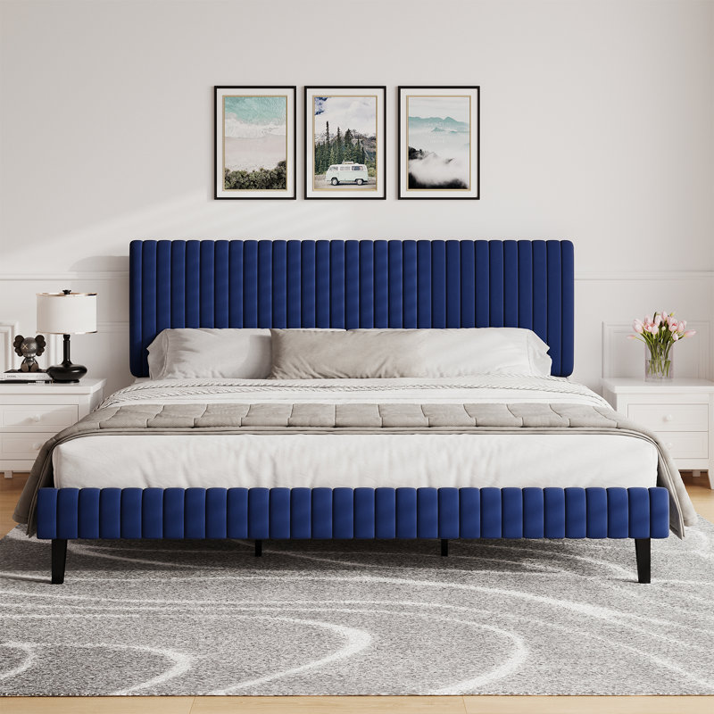 Tête de lit et pied de lit en velours avec revêtement matelassé, Très grand, Bleu