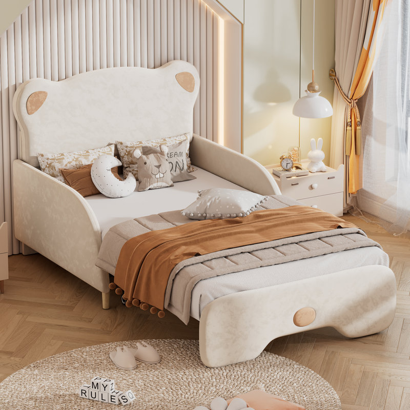 Canapé-lit rembourré extensible et voûté, tête de lit en forme d'ours, beige