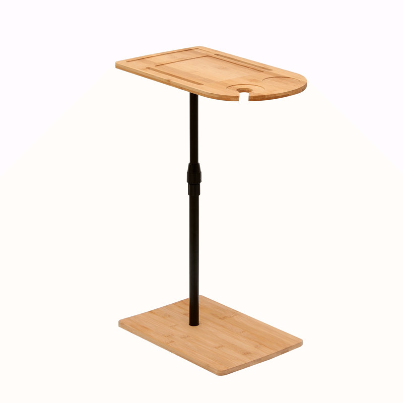 Couch Tray Table Bamboo Height Adjustable Side Table For Sofa C-Shaped Oval End Tables With Slots For Bed & Chairs In Living Room & Bedroom