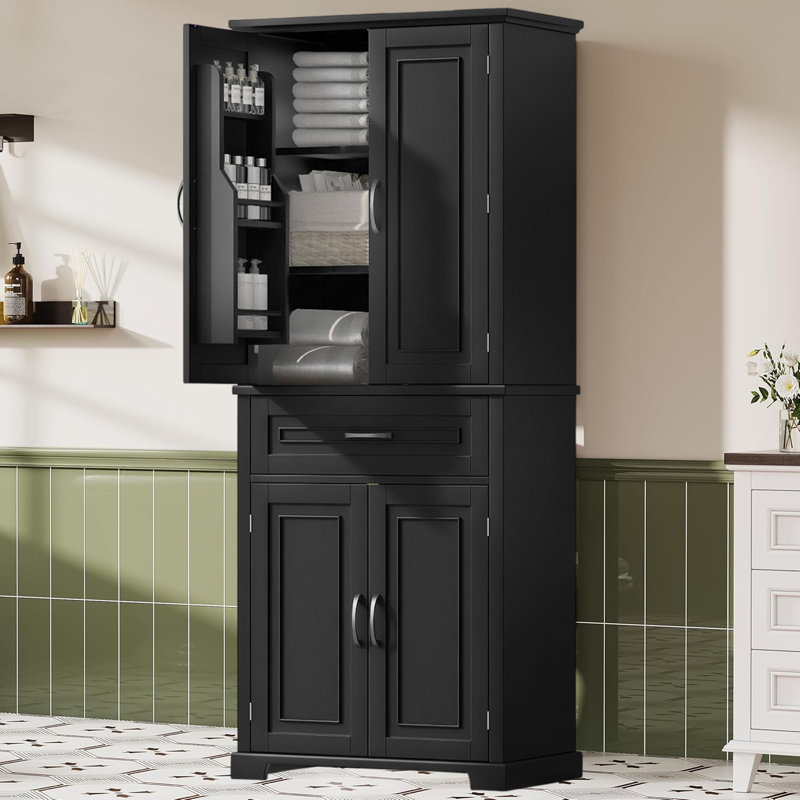 Bathroom Floor Storage Cabinet With Adjustable Shelf, Freestanding Storage Organizer With Doors And Drawer, Black