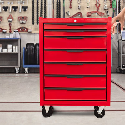 Large Capacity 7 Rolling Tool Box - Metal Chest Cabinet With Wheels For Garage, Workshop Red