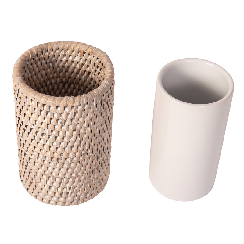 White Wash Ceramic Tumbler with Hand-Woven Rattan Exterior