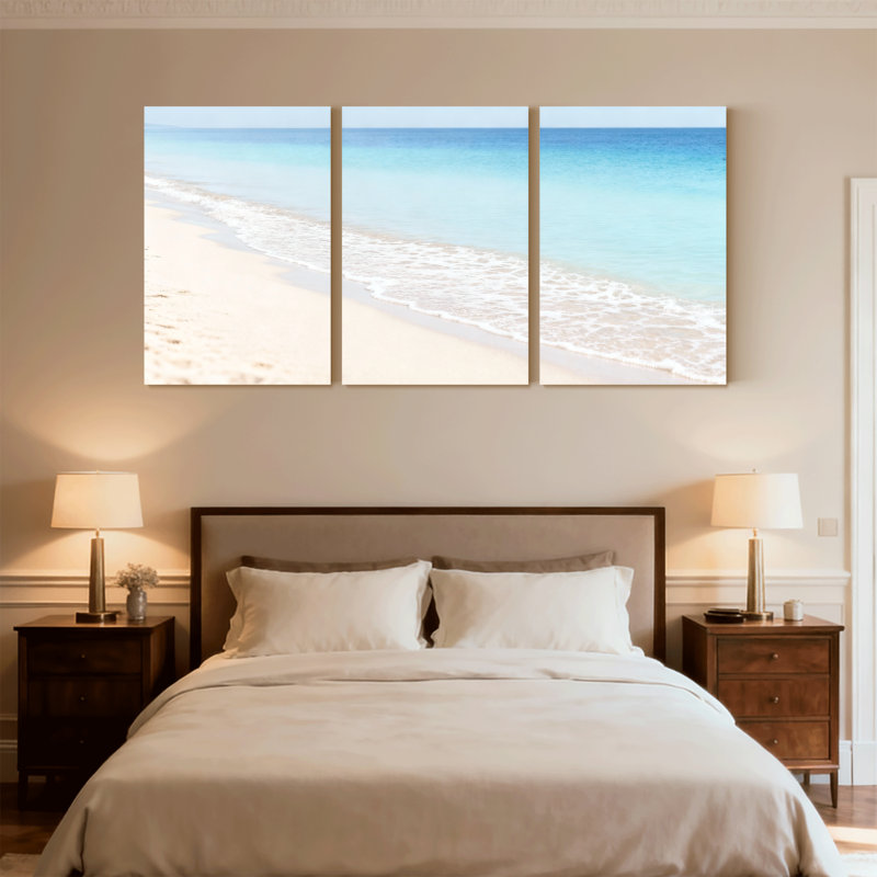Plage, plage, vagues, ciel de sable, horizon, calme, océan serein, ensemble de 3 impressions sur toile, H 18 po x l 36 po