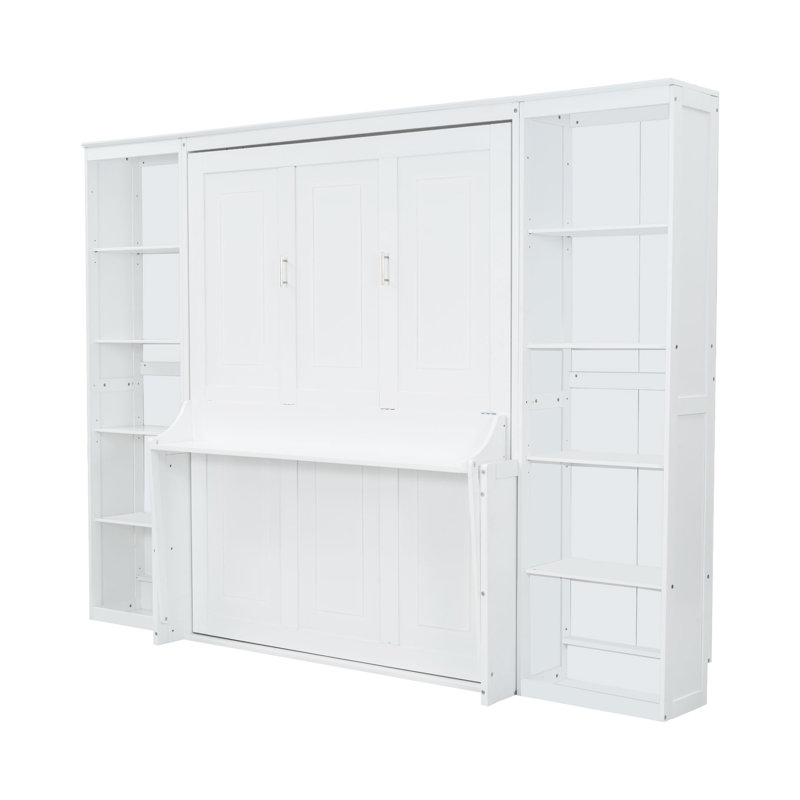 Grand lit avec bureau et bibliothèque en blanc - Fabrication robuste en bois de pin. Économiseur d'espace dans la chambre à coucher. Aucune boîte à ressorts nécessaire. Rangement abondant. Bibliothèque pliable pour économiser les ingrédients, animée et