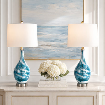 Aitkin 28" Modern Blue Glass Table Lamp with 3-Way Dimmable Lighting and USB Port 