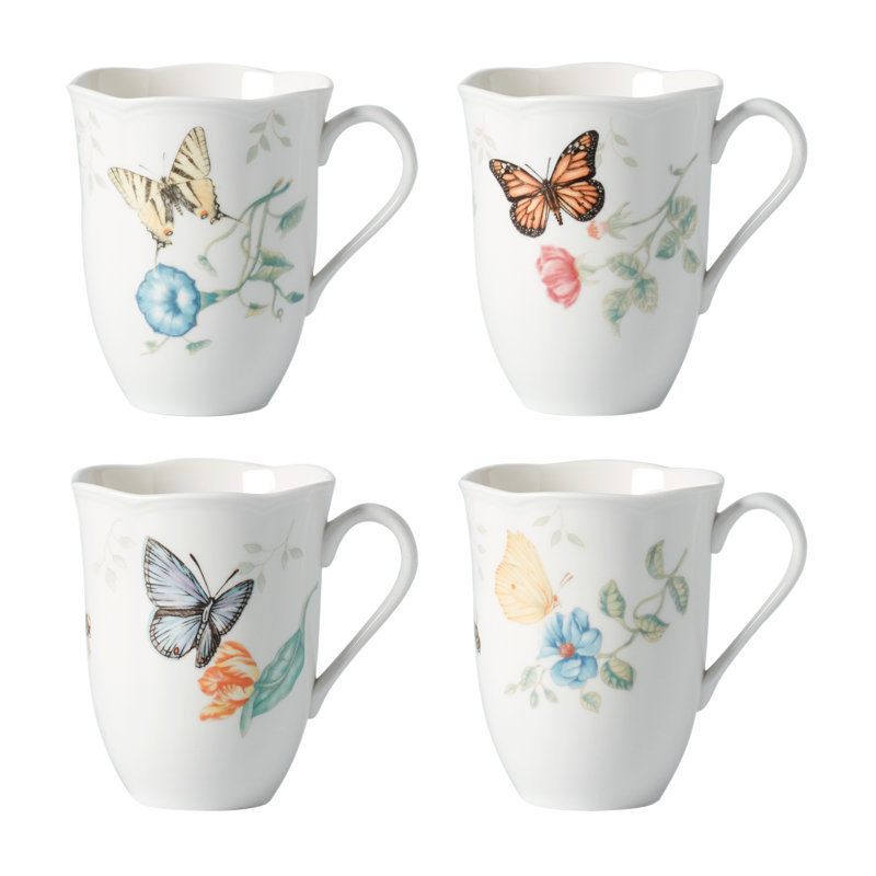 White Ceramic Butterfly Floral Spring Mug Set, 4-Piece