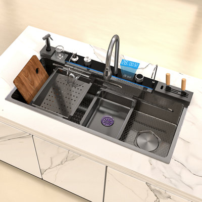 39.4X19.7X9 Inch Stainless Steel Kitchen Sink Large Single Bowl with Integrated Digital Display Waterfall Faucet Multifunction Sink Dishwashing Basin ,Includes Drainage System, Drain Basket, Cutting Board