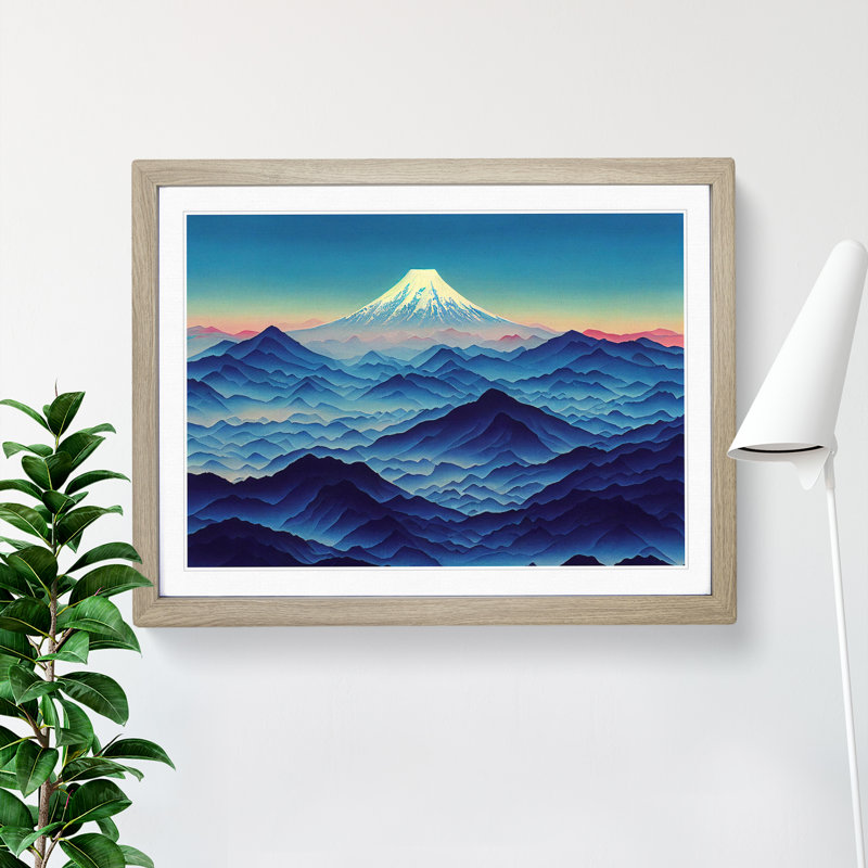 Flowing Japanese Mountains - Single Picture Frame Print, 46cm H x 64cm W x 2cm D, Oak