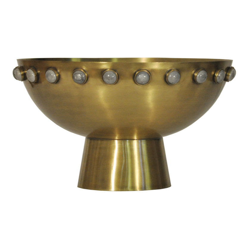 Harvey Antique Brass Round Metal Bowl with Stone Detail, 8.5" x 14.5"