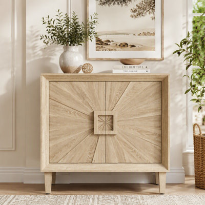 Buffet à crédence modulaire 31,5 "Mid-Century naturel antique, petite armoire avec portes symétriques Sunburst, armoire d'appoint avec tablettes réglables pour la salle à manger, le vestibule et le couloir