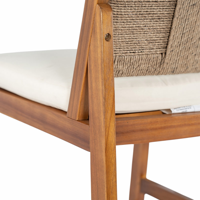 Tabourets de bar d'extérieur en bois d'acacia (ensemble de 2), chaises de bar à hauteur de teck avec coussin et dossier en osier, tabourets à hauteur de comptoir pour patio, bord de piscine, îlot de cuisine