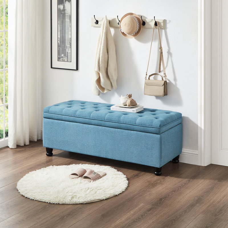 Banc de rangement rembourré avec boutons en lin bleu et support en bois sécuritaire pour les besoins