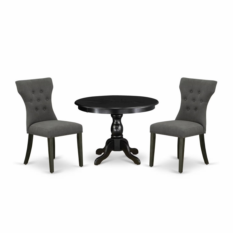 3 Piece Dining Set Contains a Round Dining Room Table with Pedestal and 2 Dark Gotham Linen Fabric Upholstered Parson Chairs, 42x42 Inch, Wirebrushed Black