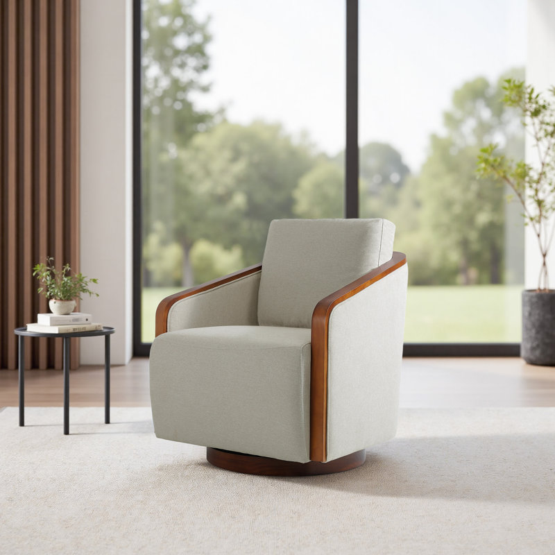 Upholstered Farmhouse Edging Swivel Barrel Chair With Toss Pillows, Beige Brown