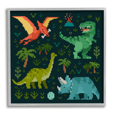 «Pixel Dinosaurs Wildlife» encadré sur bois par Victoria Barnes