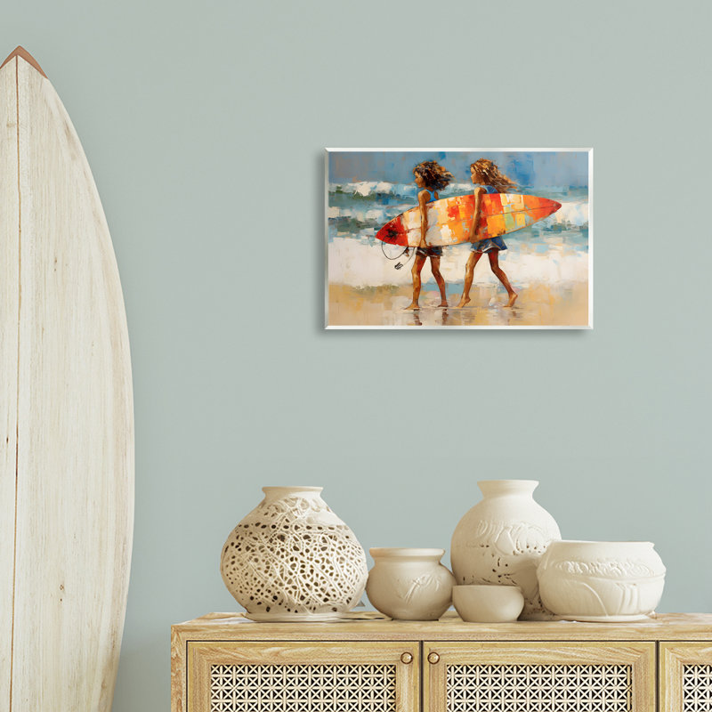 «Surfboard Kids Friends», art mural sur bois par Petal Prints Design, H 13 po x l 19 po
