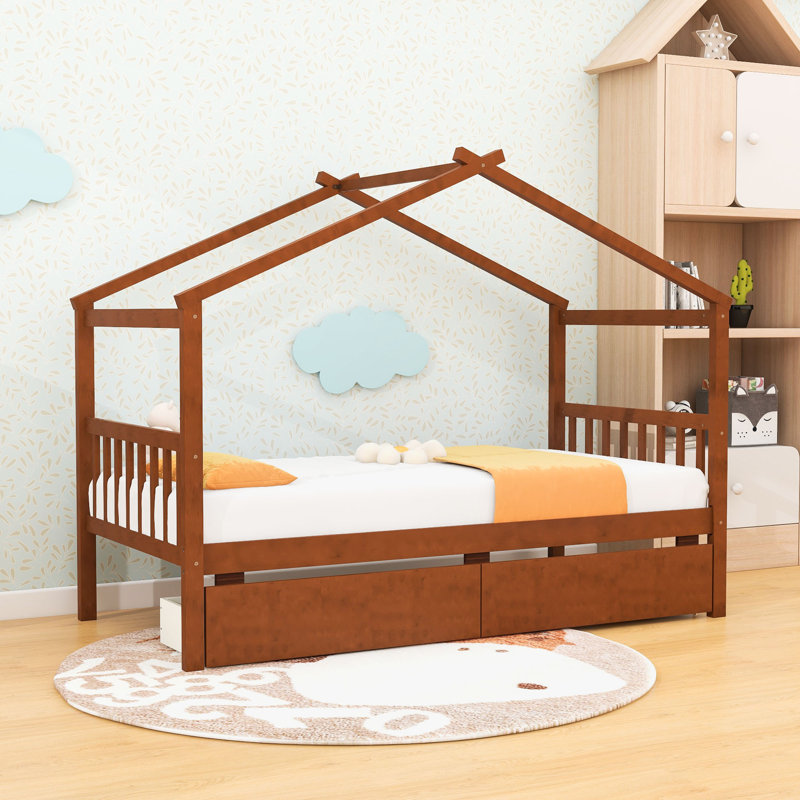 Lit simple en bois avec tiroirs, Noyer