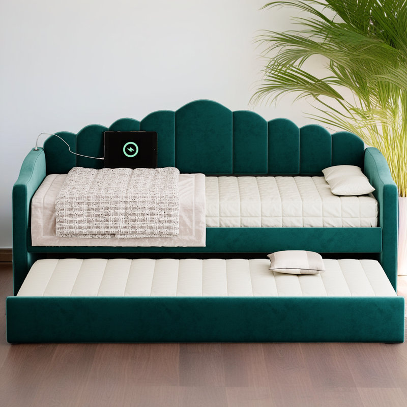 Lit de jour simple en velours rembourré avec couchette - Canapé-lit rayé avec ports de charge USB et poches de rangement, support à 20 lattes, aucun sommier nécessaire (capacité de 250 lb)