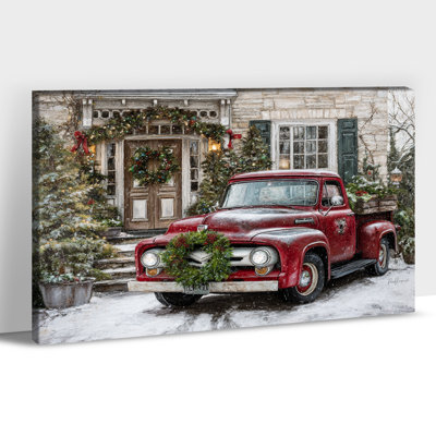 Large Christmas Truck Canvas Wall Art - Vintage Red Truck Christmas Pictures Wall Decor, Holiday Truck Artwork Winter Landscape Prints for Living Room Wall, Pine Frame Wrapped Canvas Print, 32×48 inches