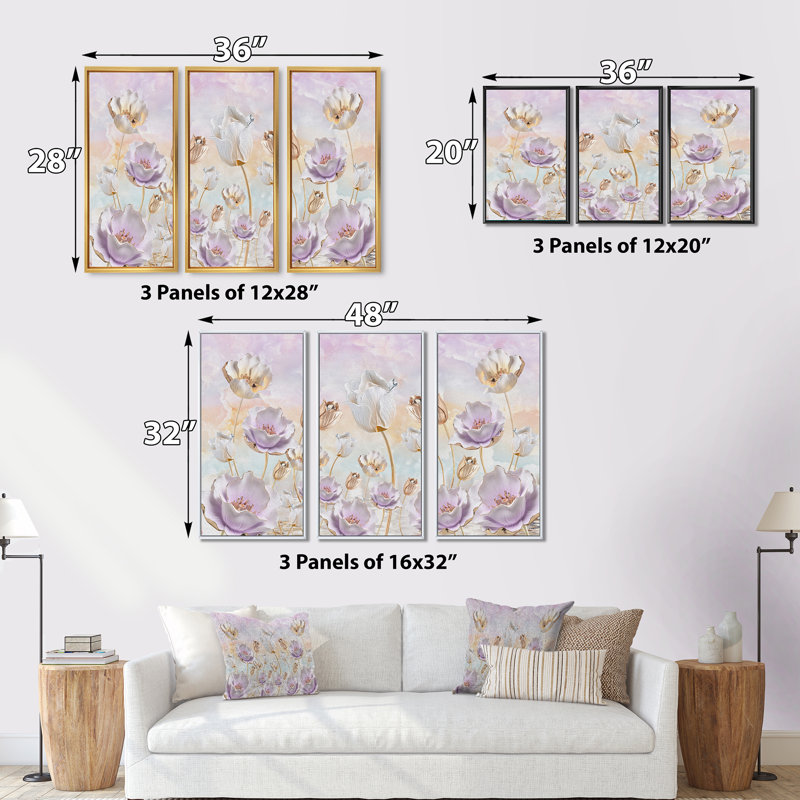 «Blossoming Flowers in Pastel Tones», reproduction sur toile flottante 3 pièces, H 28 po x l 36 po x P 1 po, Cadre doré