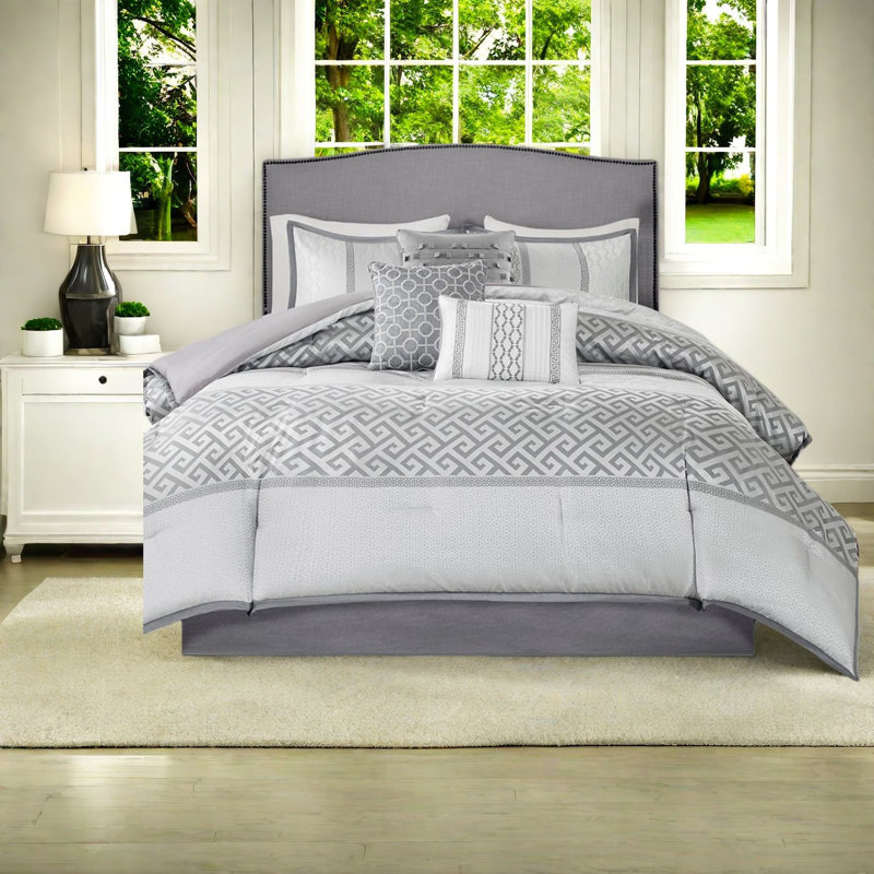 Luxurious 7 Piece Jacquard Bedding Sets, Grey Polyester, Traditional Elegance For Home