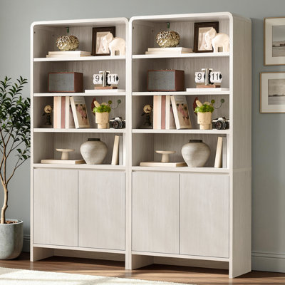 Bibliothèque 2 pièces H 71 po x l 32 po à 2 niveaux avec 2 portes, tablettes réglables et bords arrondis, grain de bois blanc