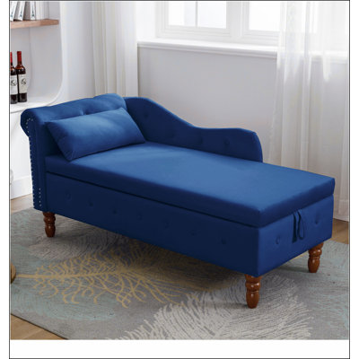 Navy Blue Chaise Lounge Indoor,Velvet Lounge Chair for Bedroom with Storage & Pillow,Modern Upholstered Rolled Arm Chase Lounge for Sleeping with Nailhead Trim for Living Room Bedroom Office