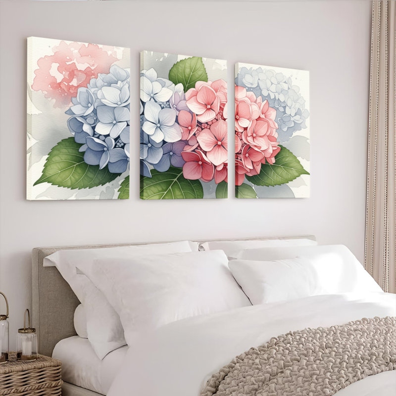 Hydrangea, reproduction d'art sur toile tendue sur toile, ensemble de 3, H 18 po x l 36 po