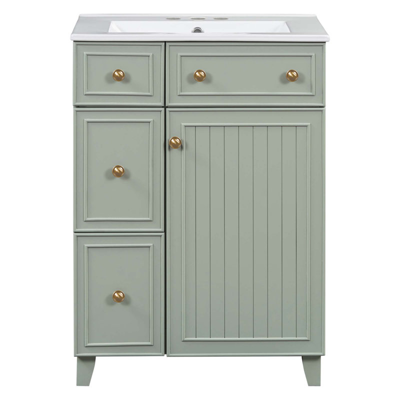 Armoire de salle de bain avec lavabo en céramique, 2 tiroirs et 1 porte, Vert
