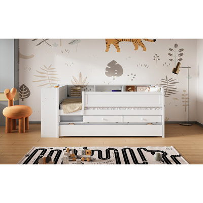Twin Daybed With Drawers, Trundle, Headboard Storage, Tables, - White Fascinate Drawers And Milky