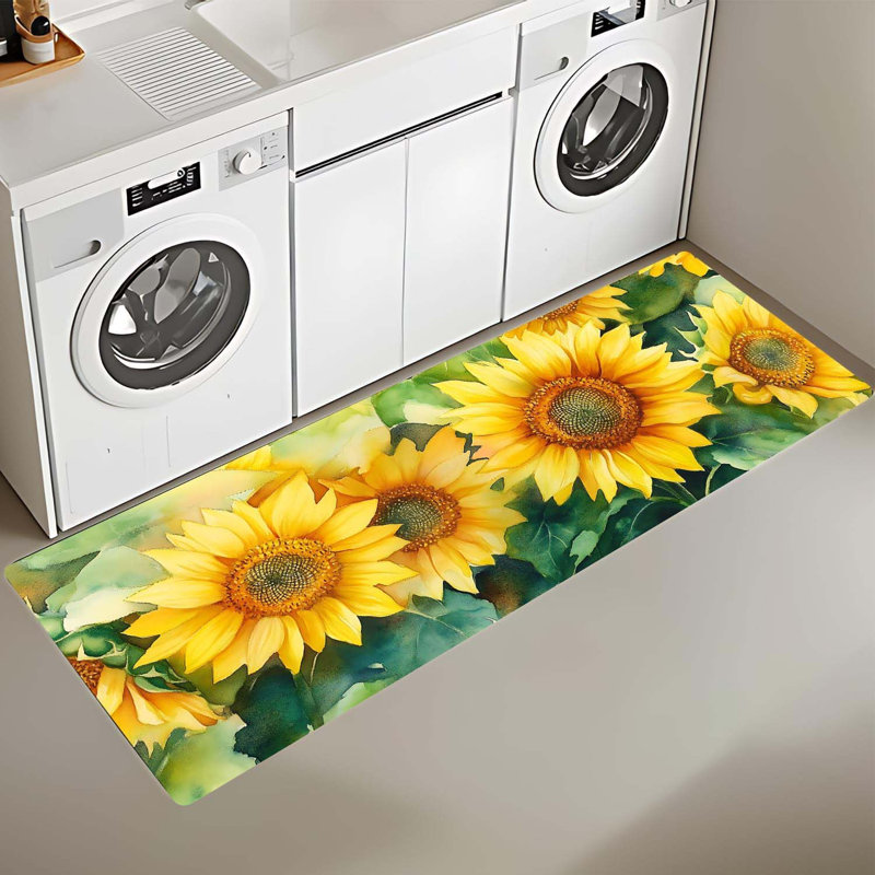 Sunflower Laundry Room Rug 18X47 Inch, Watercolor Non Slip Runner, Cheerful Yellow Floral Carpet For Kitchen Laundry Room Entry Bathroom