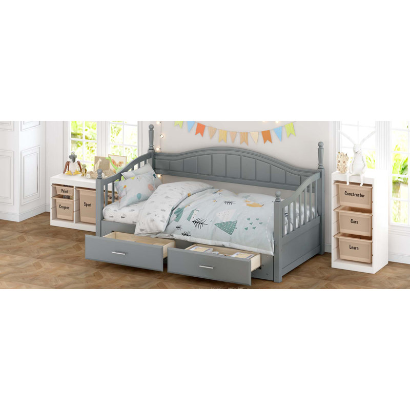Lit de jour en bois simple avec lit gigogne simple, lit de jour extensible avec deux tiroirs de rangement, Gris