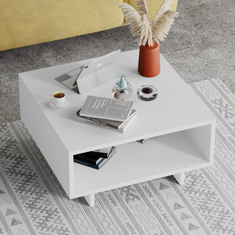 Sled Coffee Table with Storage Modern Square Design with Open Compartment, White, White