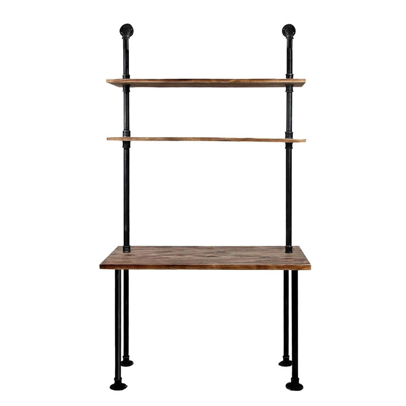 Décoration de bureau de style industriel, bureau d'ordinateur avec tablettes de rangement à 2 niveaux, bureau d'ordinateur pour bibliothèque, poste de travail d'écriture avec huche pour bureau à domicile