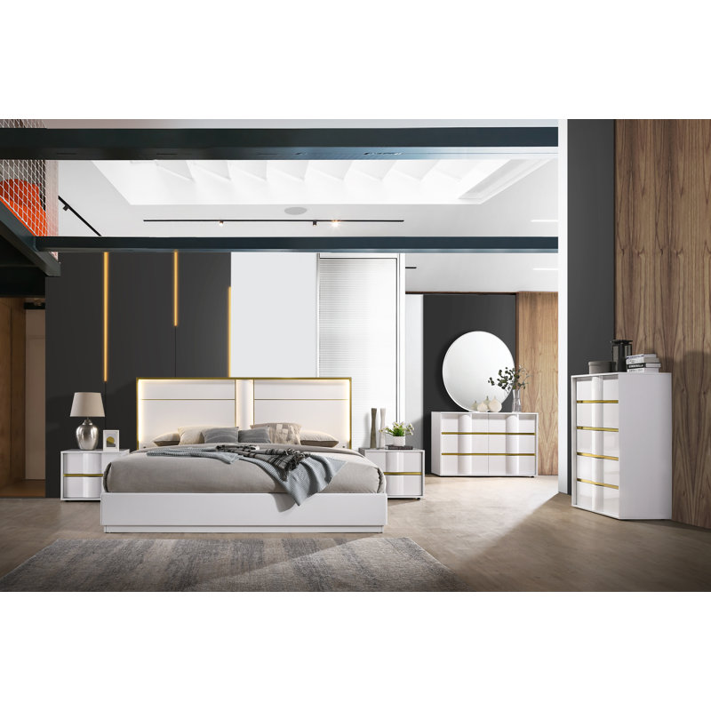 Milly White with Gold Trimming & LED Lighting Platform Modern Bed , California King