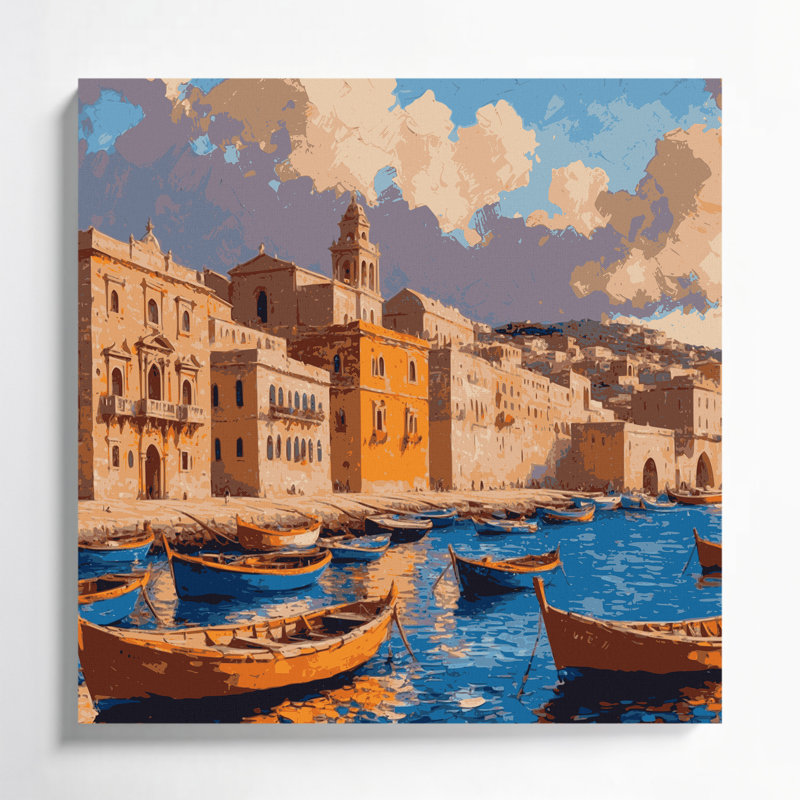 Art mural sur toile brun avec villes de Malte, H 16 po x l 16 po