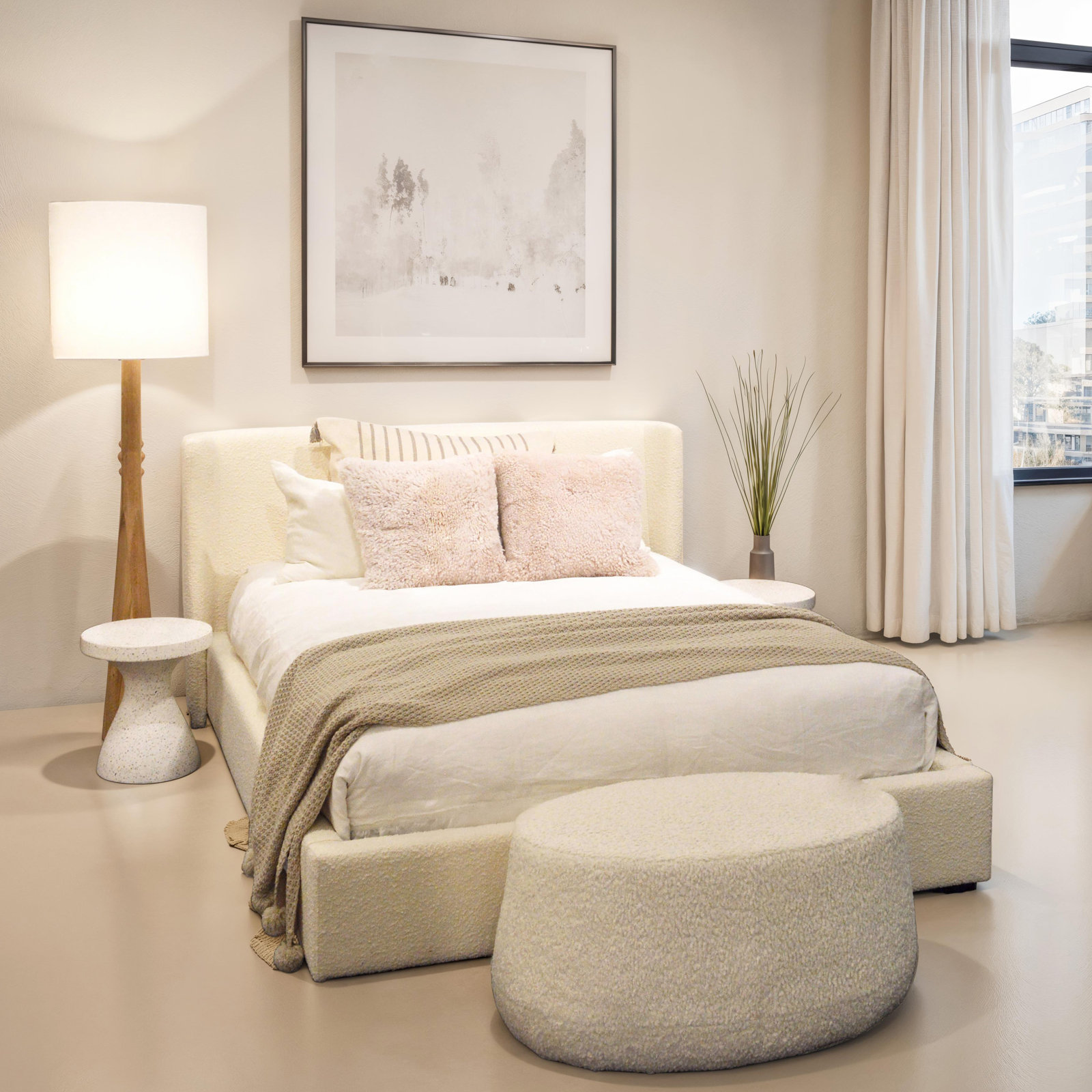 Wolcott Upholstered Platform Bed, Cream, Queen