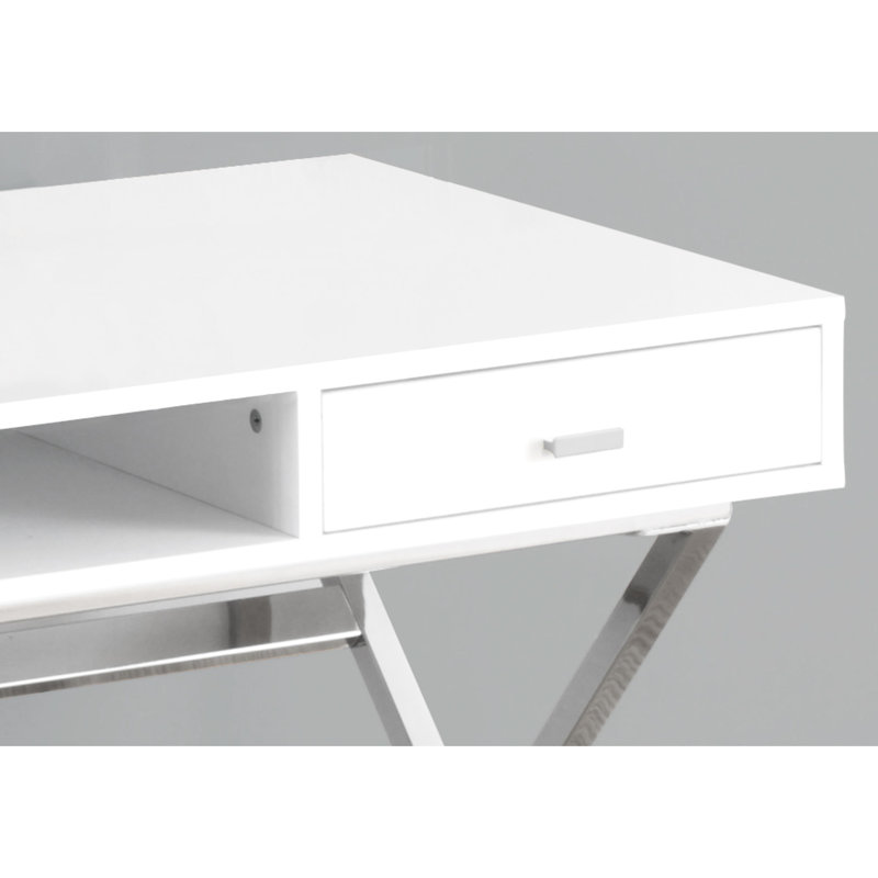 Table d'ordinateur portable pour bureau à domicile - Blanc brillant avec base en métal, 2 tiroirs de rangement et une tablette ouverte, base de 122 cm (48 po) de longueur et grand espace