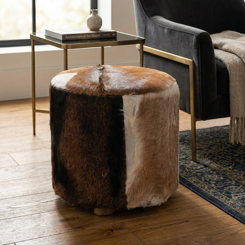 Conover Ottoman Wood Cowhide Upholstery Glam Accent for Living Room, Bedroom, Office - 18" Ivory, Tan, Brown