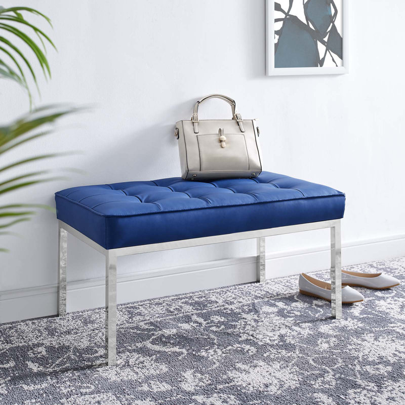 Loft Tufted Vegan Leather Bench by Modway, Navy, 17.5" H x 55.5" W x 20" D