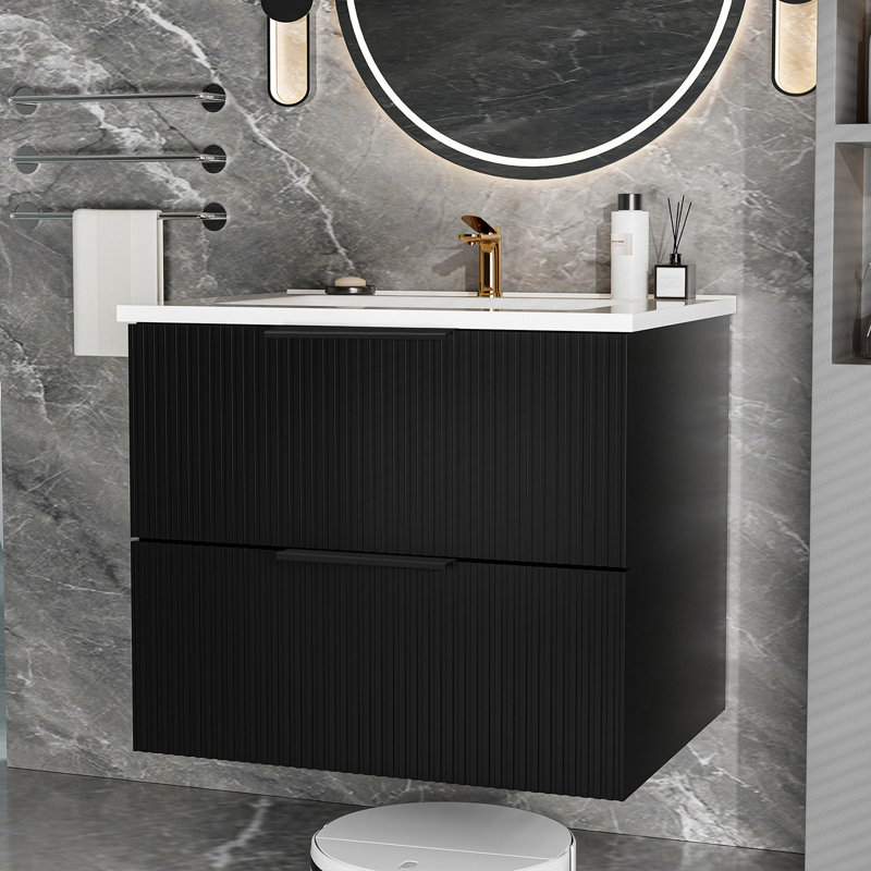 24 Inch Bathroom Vanity Cabinet With Ceramic Sink - Black Wall Mounted Floating Fluted Vanity With Drawers, Modern