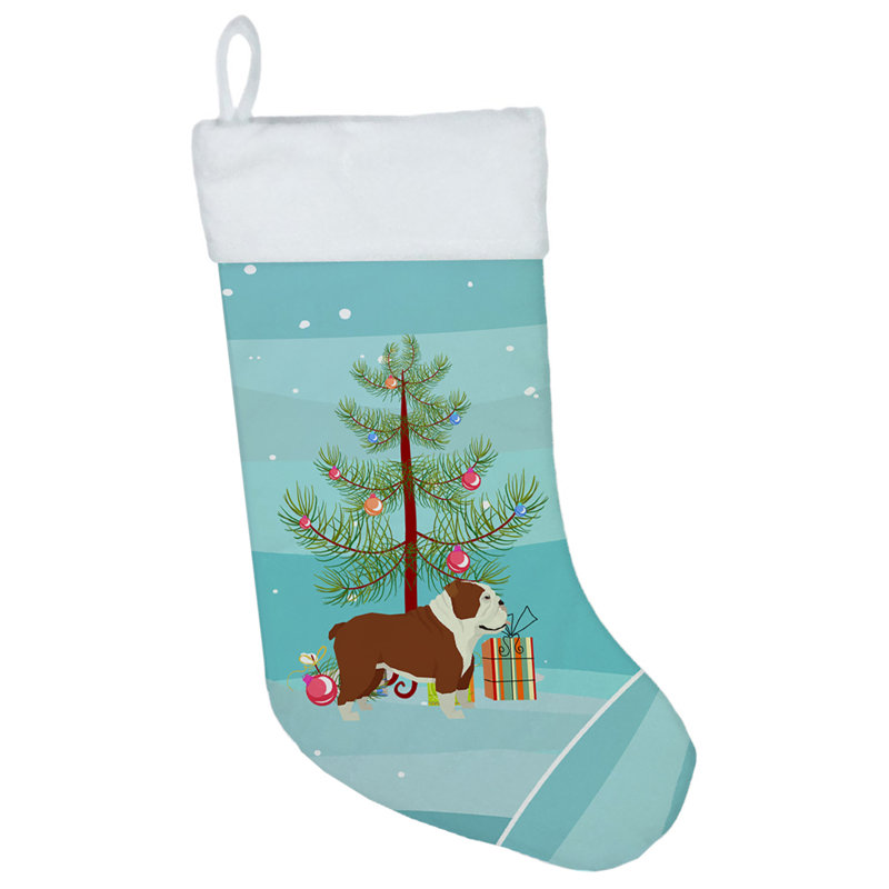 Merry Christmas Tree Stocking, Dark Brown English Bulldog