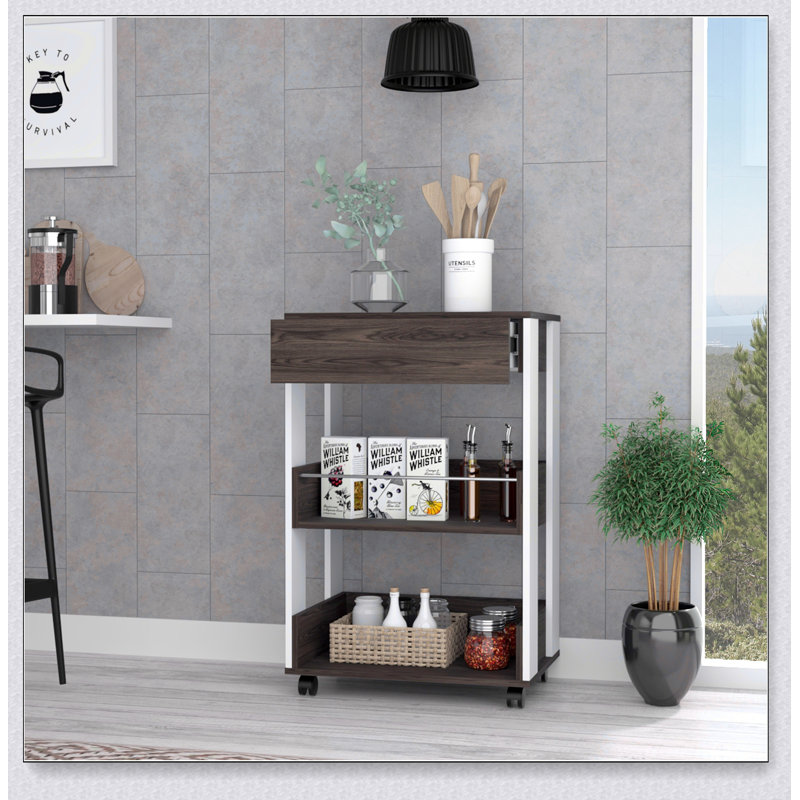 Dark Walnut 1-Drawer 2-Shelf Kitchen Cart with Caster, Perfect for Additional Storage and Mobility in Modern Kitchens.