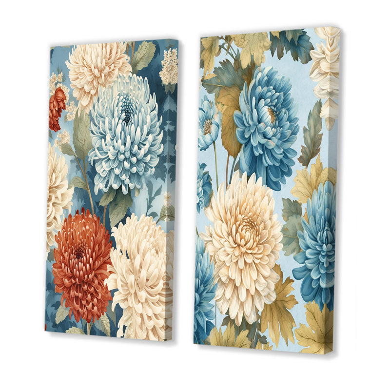 White And Blue Chrysanthemums Symphony - Chrysanthemums Wall Art Living Room Set Of 2, 28" H x 25" W, Wrapped Canvas