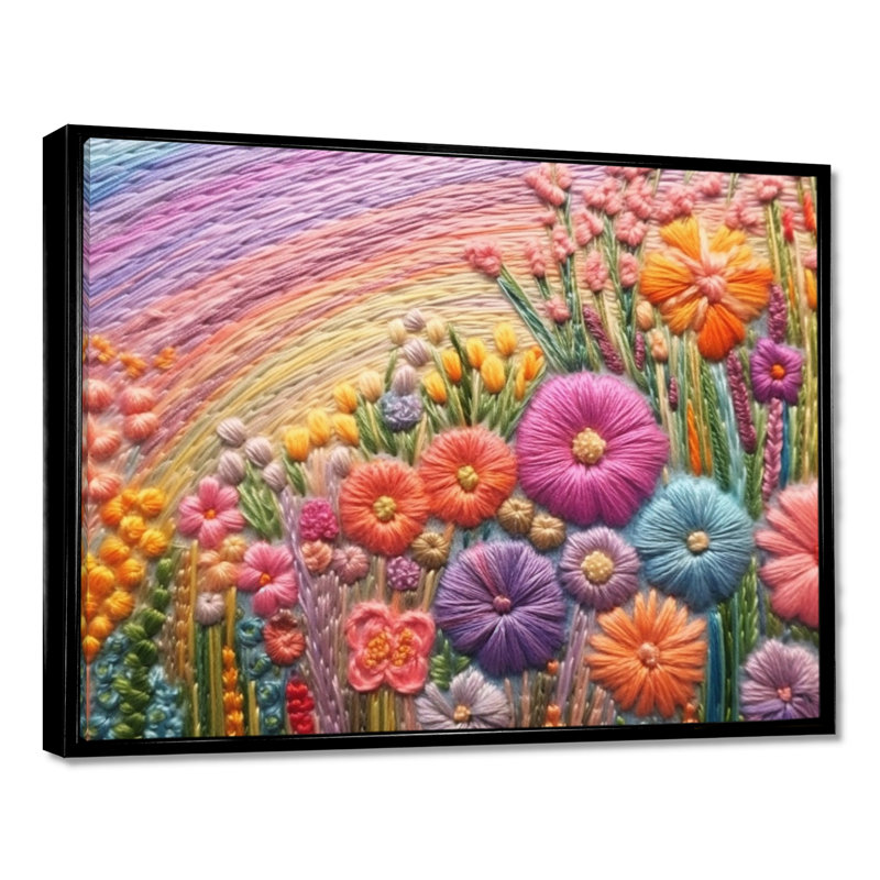 Broderie pastel arc-en-ciel fleur printanière - fleurs sauvages, Toile avec cadre flottant noir, H 30 po x l 40 po x P 1,5 po